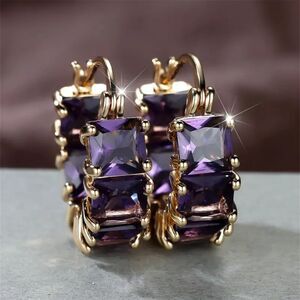 "Florence" Purple Princess Cut Amethyst CZ Huggie Hoop Earrings